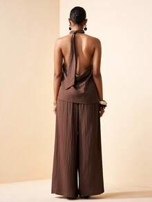 Zivah 女士纯色露背不对称下摆上衣搭配阔腿裤休闲套装 - 棕色 - 查看 7