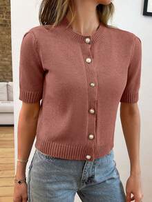 EURMUSE Gold Button Short Sleeve Elegant Cardigan - Dusty Pink - View 6