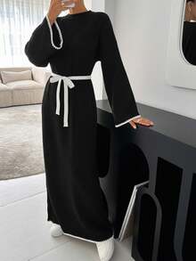 Pullover Sweater Dress Hem And Sleeve Detail+ 478 - Black - View 3