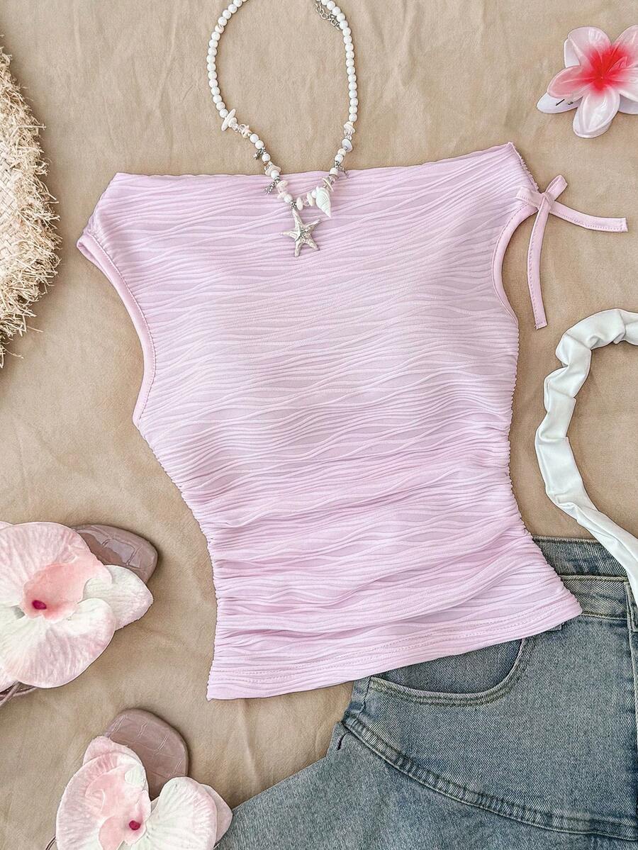 Tween Girl Casual Elegant Vacation Textured Ruffle Cold-Shoulder Cropped T-Shirt