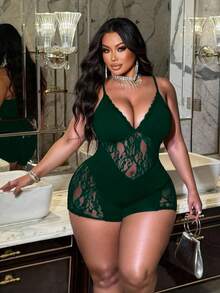 NU&NOW Plus Size Solid Color Spaghetti Strap Lace Patchwork Jumpsuit - Green - View 6