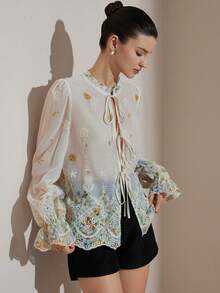 Aveloria Rosie French Style Embroidered Tie Front Long Sleeve Blouse - Multicolor - View 1