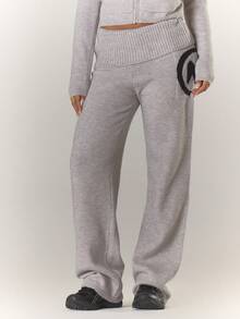 MUSERA Ribbed Fold Over Waist Buckle Detail Fitted Flared Mohair Knit Style Trouser Coord Bottoms Only Winter Coolgirl Cosy Cute Outdoors Explorer Spring - Grey - View 3