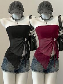 SHEIN EZwear 2 pièces Hauts décontractés avec volants et ourlet asymétrique, taille avec cordon, pour grandes tailles. Tenue de vacances, printemps/été - Multicolore - Voir 1