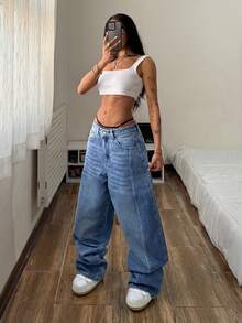 StreetHx 时尚休闲街头风织带低腰破洞牛仔裤 - 中等水洗藍 - 查看 5