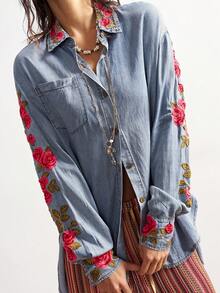 Bohemela Áo sơ mi denim nữ tay dài thêu hoa, cài một hàng cúc, dáng rộng, có túi. - Màu xanh lam - Xem 5
