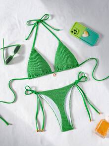 Swim Vcay Women's Summer New Vacation Style Halter Tie Pants Side Tie Chiffon Bikini Set - Green - View 3