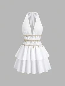 SHEIN Unity Vestido mini con pliegues texturizados, espalda descubierta, cintura fruncida, cuentas y flecos, volantes en el bajo, para mujer, primavera/verano, vacaciones, playa, elegante, dulce, bohemio, versátil - Blanco - Ver 3