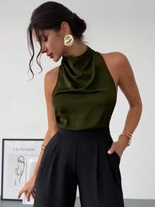 Firerie 春夏新款优雅休闲通勤复古现代不规则领无袖露背蝴蝶结装饰修身黑色通勤衬衫 - 軍綠色 - 查看 8