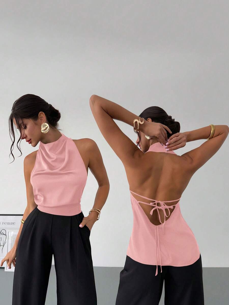 Firerie 全新春夏经典优雅通勤复古现代不对称领无袖露背蝴蝶结装饰修身黑色办公室衬衫 - 粉色 - 查看 1