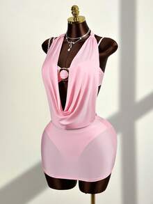 Bonvoyette Women's Plain Pink Fabric Short Skirt Bikini Set With Knot Detail And Spaghetti Straps - Pink - View 6