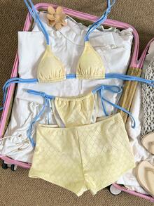 Swim Mod 3件套黄色布料蓝色侧系带露背设计女士泳衣套装