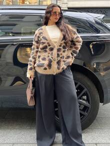 NegzBox 女士休闲日常豹纹提花V领开衫，秋冬，长袖上衣，秋季女装 - 咖啡棕 - 查看 6