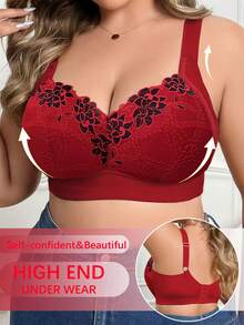 DesireSculpt 1pc Plus Size Lace Patchwork Wireless Bra - Red - View 3