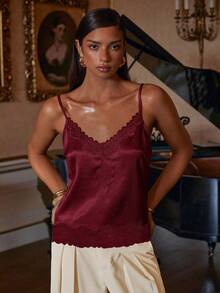 Athîral Women's Solid Color Contrast Lace Elegant Camisole - Burgundy - View 5