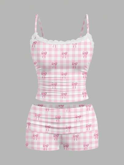 SHEIN Essnce Casual Home Cute Style Pink Plaid Pattern With Pink Bow Full Print White Lace Trim Camisole And Ruffle Shorts Women 2 Piece Set, Suitable For Spring/Summer
