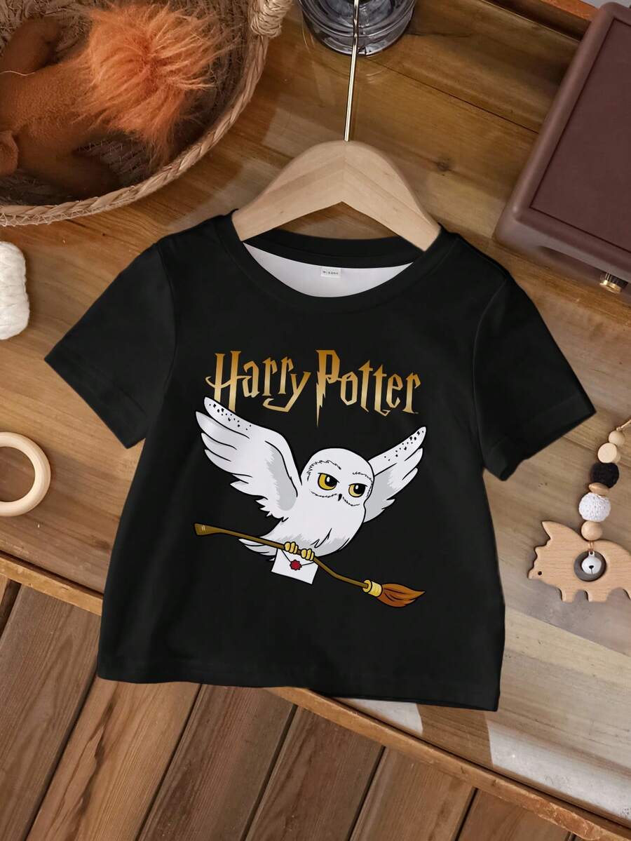 HARRY POTTER X SHEIN Baby Boy Casual Everyday Commute Hedwig Owl Letter Graphic Short Sleeve Black T-Shirt, Summer - White - View 1