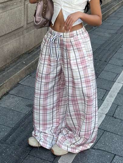 Coolane 女士春季街头风返校Y2K日常休闲可爱图案格子宽松低腰裤
