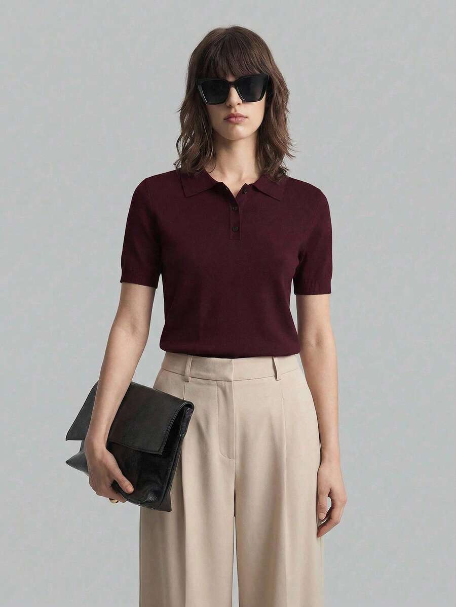 Ontre 2026春夏女式纯色Polo领针织短袖毛衣，都市通勤商务休闲上衣，办公室穿着，优雅派对上衣，适合夏季、情人节等场合 - 中紫紅色 - 查看 1