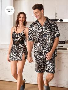 CoupledUp Zebra Print Faux Silk Short Sleeve Shorts Men Pajama Set - Multicolor - View 7
