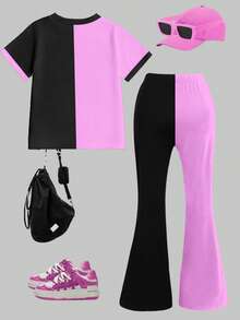 2pcs/Set Girls Casual Fashion T-Shirt And Flare Pants Outfit, Cool Star Print, Cartoon Character Design, Suitable For Spring, Summer, Autumn, Winter, School, Outdoor, Party, Gift - Multicolor - View 2