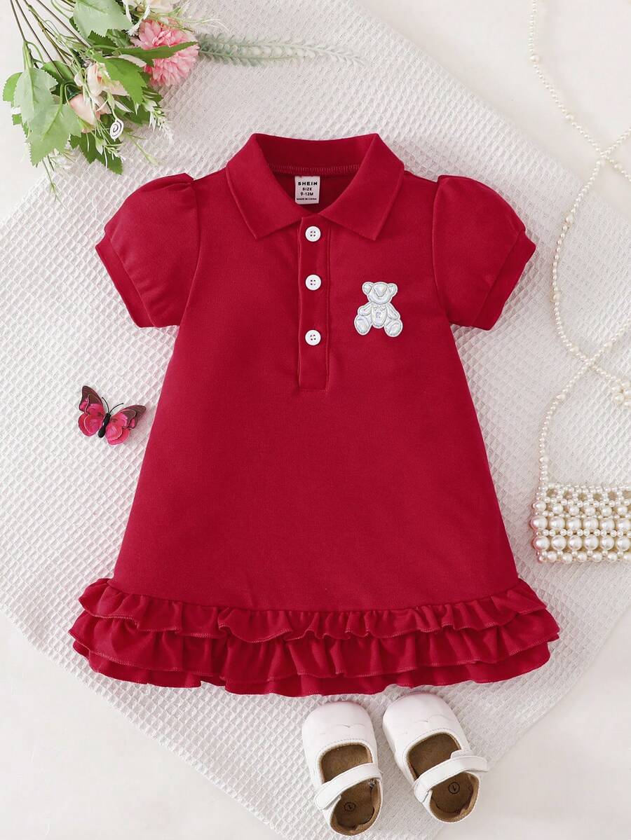 SHEIN Baby Girl Cute Red Polo Collar Short Sleeve Dress With Bear-Shaped Buttons And Ruffle Trim Design - Red - View 1