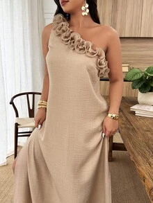 Weeklong Plus Size Women's Asymmetric Shoulder Floral Decor Slit Maxi Casual Vacation Dress, Spring/Summer - Khaki - View 7