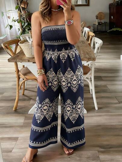 Weeklong Mono informal con estampado floral, cinturón en la cintura y sin tirantes para mujer talla grande, primavera/verano