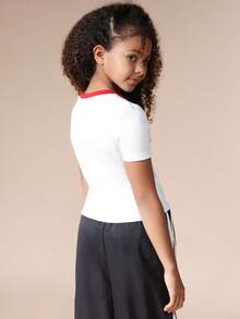 SUMWON Cherry Embroidered Ribbed Short Sleeve Crew Neck Ringer Tee With Contrast Red Trim Summer Casual Top Vacation - White - View 2