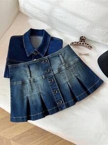 Elamini Y2K Fashion Washed Zebra Mini Pleated Denim Skirt - Dark Wash - View 4