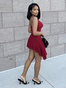 Alexandranx Vestido Curto Elegante com Decote V Profundo em Preto Sólido, com Fita, Adequado para Encontros Diários, Noite, Boates, Festas, Reuniões, Festa de Coquetel, Macacões para Férias, Festas à Beira da Piscina, Uso no Trabalho, Vestidos para Ir e Vir - Vinho - Visão 3