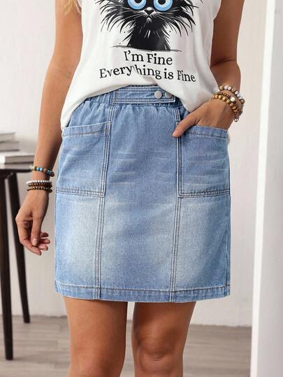 EMERY ROSE Plus Size Women Pocket Straight Casual Versatile Denim Mini Skirt