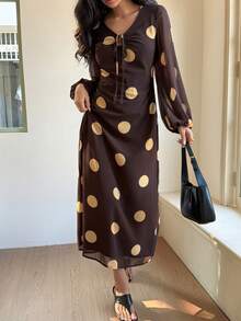 Livesso 女士波点印花系带灯笼袖修身优雅中长连衣裙 - 棕色 - 查看 6