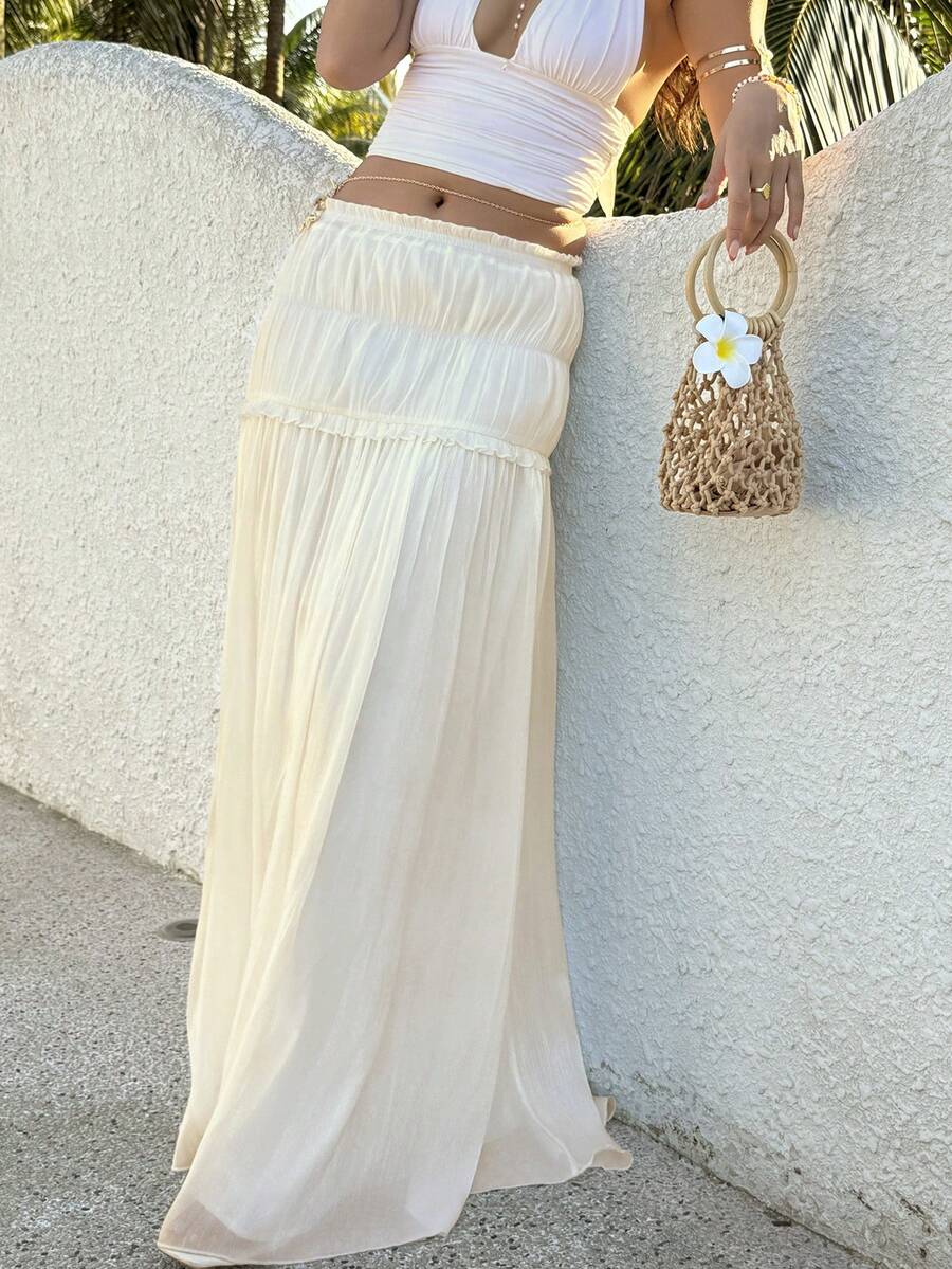 Sunnyshic Women's White High-Low Pleated Skirt, Fashionable, Elegant, Romantic, Suitable For Beach, Vacation, Date, Versatile, Sweet Style, Spring/Summer - White - View 1