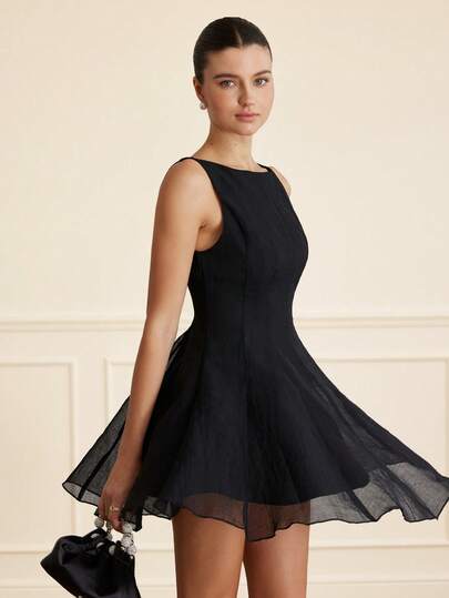 Aveloria Rosie Vestido negro sin mangas de línea A, estilo francés de alta gama, que ciñe la cintura, estilizador, elegante