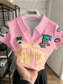 Rovax Slogan & Icon Digital Print Fashionable Polo Shirt, Slim Fit Women's Spring/Autumn Top - Pink - View 1