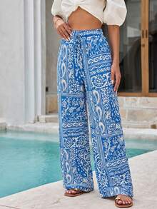 EURMUSE Women's Bohemian Style Patchwork Print Drawstring Waist Loose Wide Leg Pants, Suitable For Beach Vacation - Multicolor - View 4