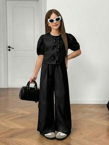 SHEIN Nova Glow 少女休闲时尚圆领泡泡袖上衣和裤子套装