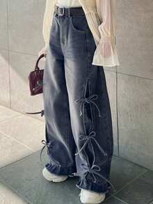 FRIFUL Women's Side Tie Drawstring Bow Design Straight Leg Jeans, Casual Loose Fit Versatile Denim Pants - Grey - View 3