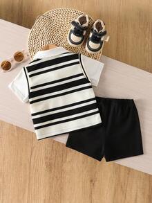 2pcs/Set Infant Toddler Baby Boy Striped Knit Vest & White Short Sleeve Polo Shirt With Bear Patch, And Bear Patch Black Shorts, Casual College Style Short Sleeve Shorts Set, Suitable For Daily Wear, Spring/Summer, 6M-3T Black And White Baby Boy Outfit Baby Boy Summer Sets Bear Patch Outfit Baby Boy Casual Outfit - Apricot - View 2