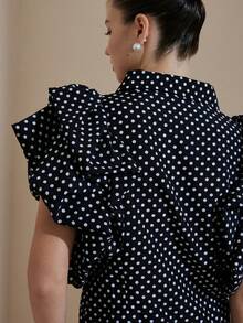 Revavyn 优雅波点印花泡泡袖复古法式设计女式衬衫 - 黑與白 - 查看 2