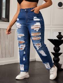 SHEIN SXY Plus Size Distressed Loose Mom Jeans - Dark Wash - View 6