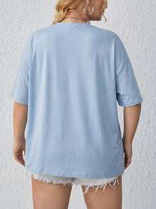SHEIN EZwear 加大码字母图案落肩T恤 加州加大码T恤 - 藍色 - 查看 2