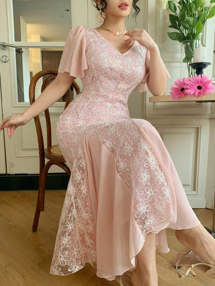Spring/Summer Lace Patchwork Flare Sleeve Shawl Collar Midi Dress, Elegant For Wedding, Party, Formal Occasions, Commuting Sundress