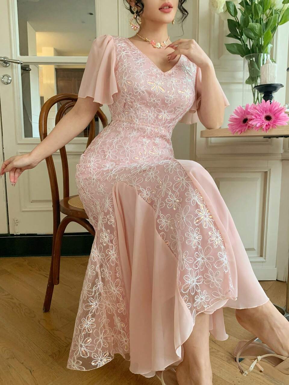 Spring/Summer Lace Patchwork Flare Sleeve Shawl Collar Midi Dress, Elegant For Wedding, Party, Formal Occasions, Commuting Sundress