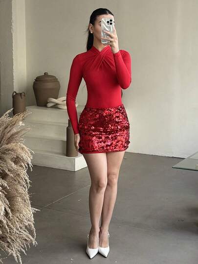 Andrea Bello 女士亮片装饰迷你裙，休闲派对和节日新年节日派对服装