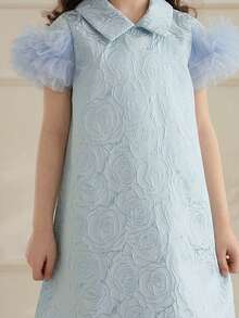 1pc Girls Vintage Elegant Floral Jacquard Dress, Collared, Cap Sleeve, Layered Mesh Skirt, A-Line, Princess Style, Suitable For Summer - Blue - View 4
