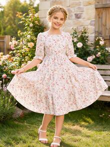 SHEIN Tween Girls Floral Print Puff Sleeve Dress, Sweet & Fashionable, No Belt, Spring/Summer - Pink - View 3