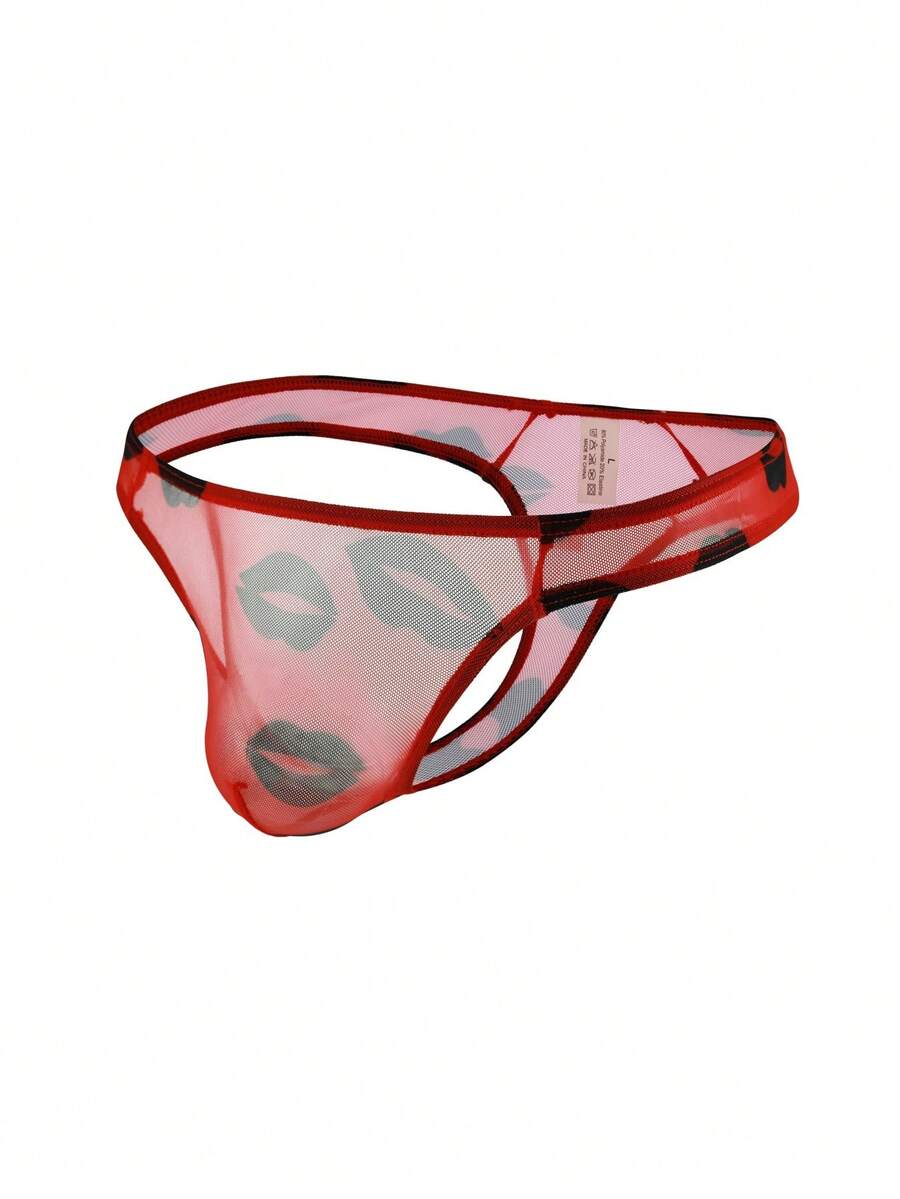 WENEZON Men's Mesh Red Lip Print Sexy Semi-Transparent Underwear - Red - View 1