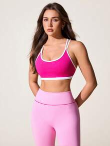 SHEIN Sovereign Charm Seamless Knit Women's Adjustable Strap Removable Contrast Color Sports Bra - Hot Pink - View 4